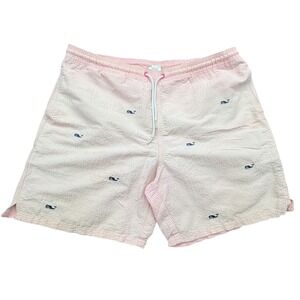 Vineyard Vines Swim Trunks Mens M Pink Seersucker Whale Embroidered Shorts